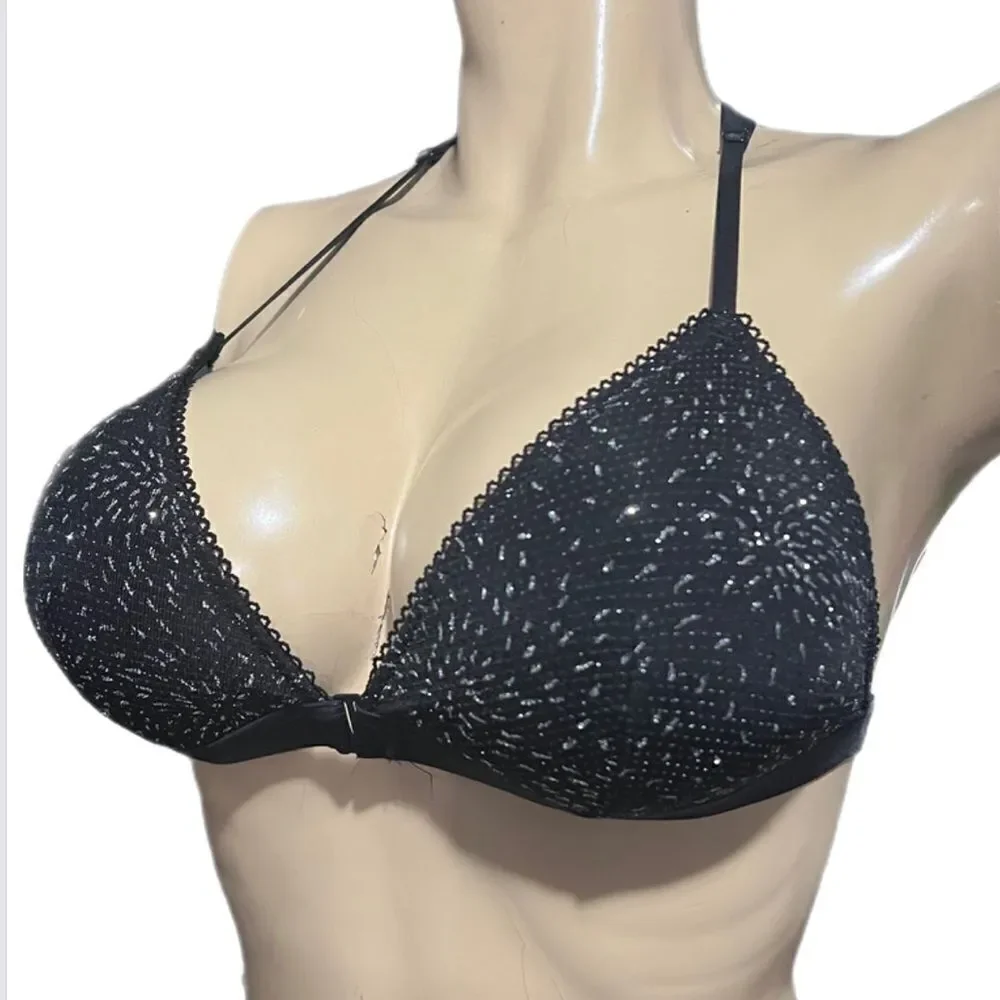 Victoria’s Secret Padded with Metallic lace deep V bralette bra black Large